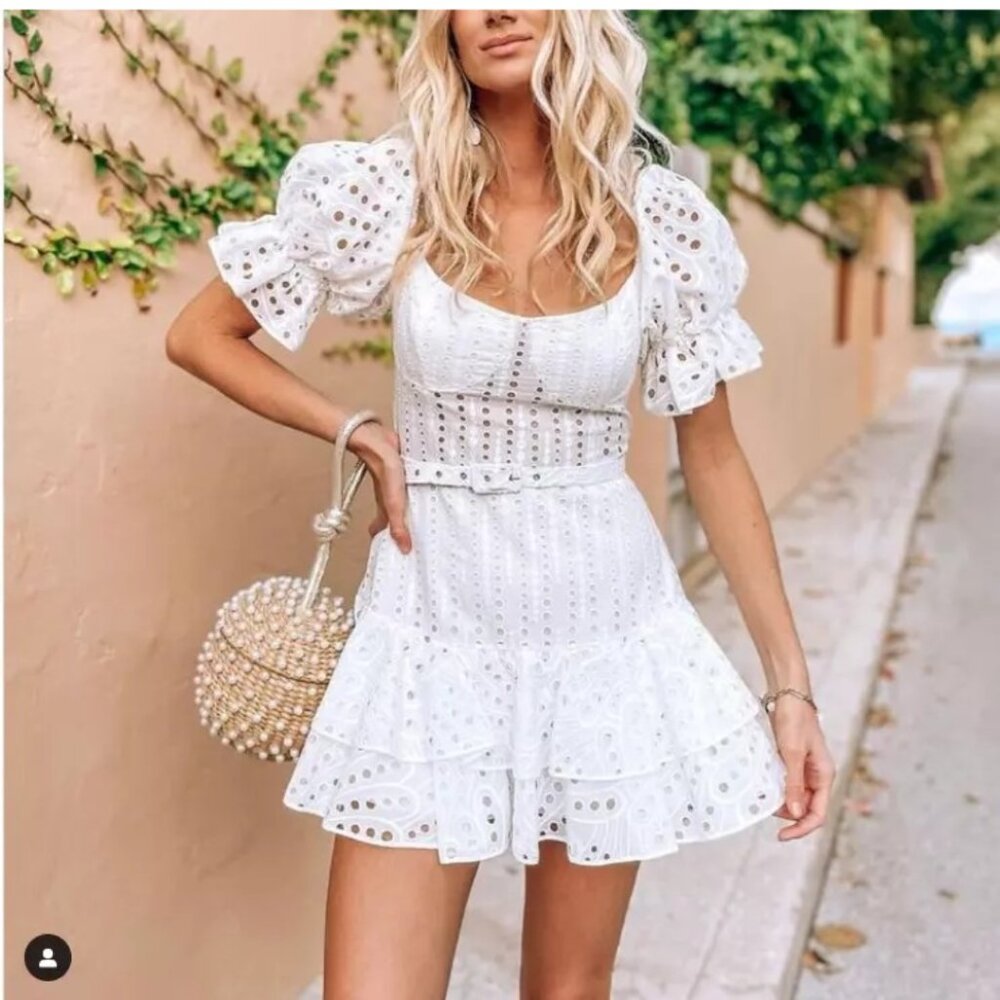 Charo Ruiz Ibiza Jean Ruffle White Cotton Blend Mini Dress